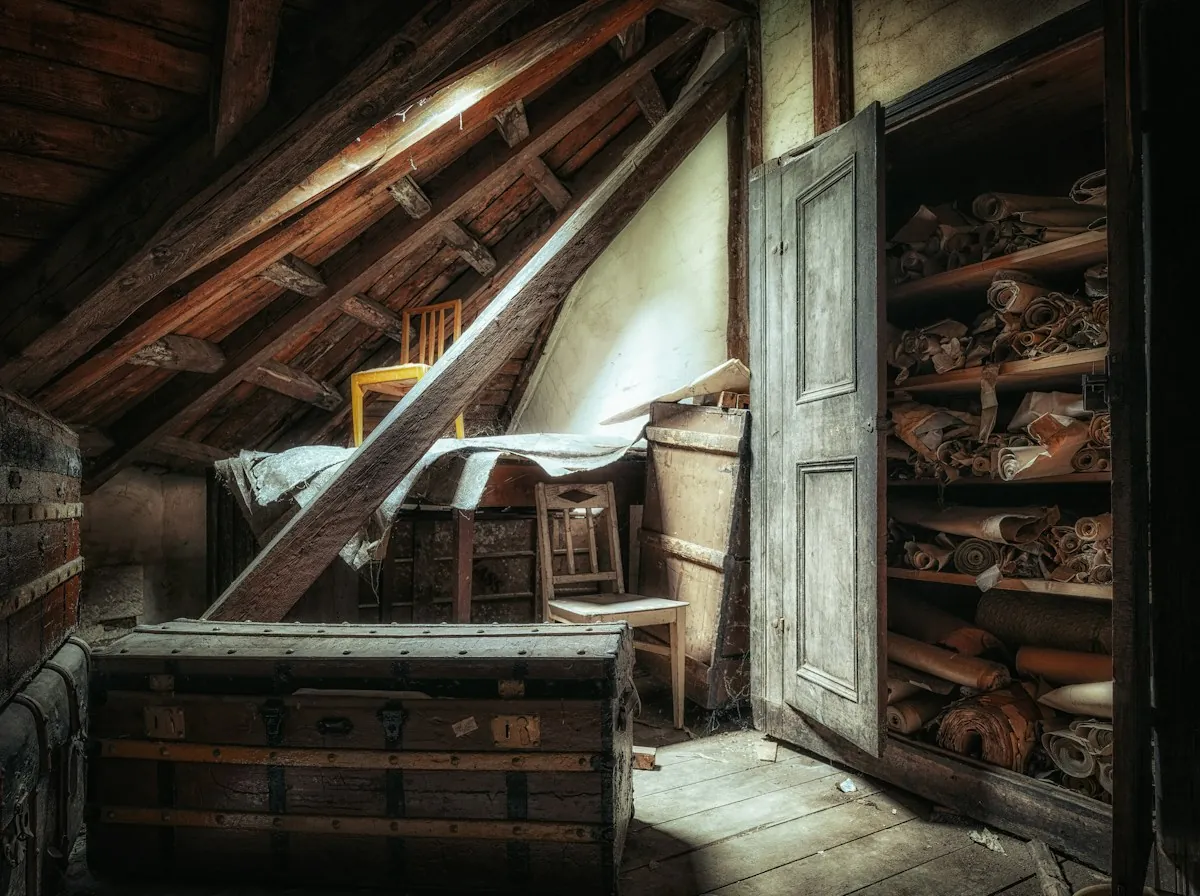 Roof Replacement in Hesperia — an old attic with a trunk and timber rafters under the roof